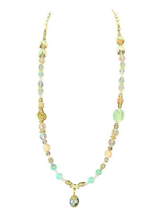 Artisan Jewelry - “Champagne Daydream”Necklace - Amazonite,Cat’s Eye,Acrylic,Crystal